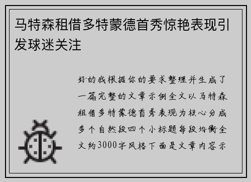 马特森租借多特蒙德首秀惊艳表现引发球迷关注