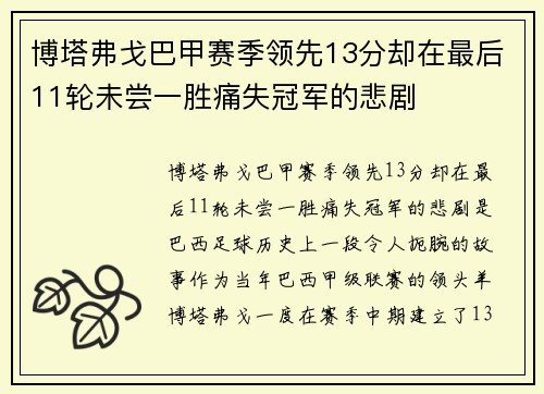博塔弗戈巴甲赛季领先13分却在最后11轮未尝一胜痛失冠军的悲剧