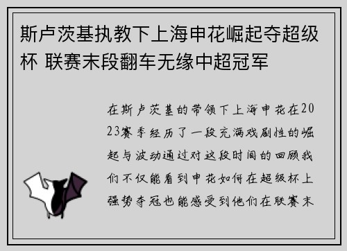斯卢茨基执教下上海申花崛起夺超级杯 联赛末段翻车无缘中超冠军
