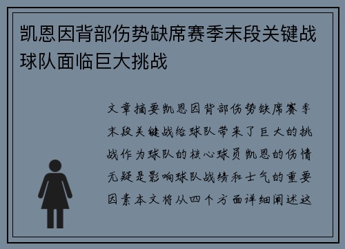 凯恩因背部伤势缺席赛季末段关键战球队面临巨大挑战